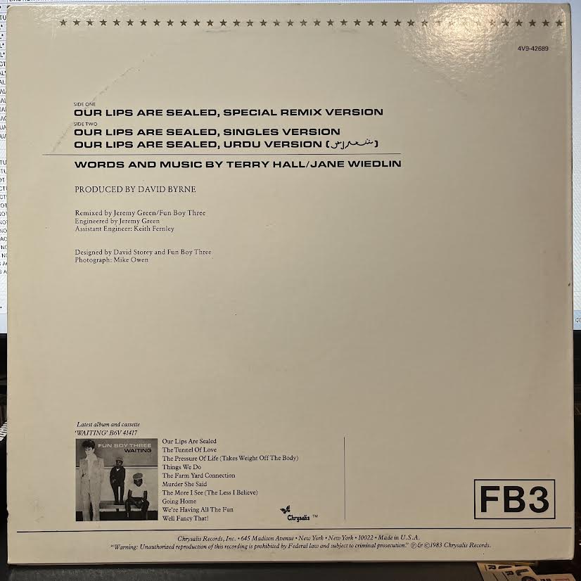 Fun Boy Three - Our Lips Are Sealed (Special Remix Version) (12" VINYL) | Near Mint (NM) Excellent+ (EX+)-