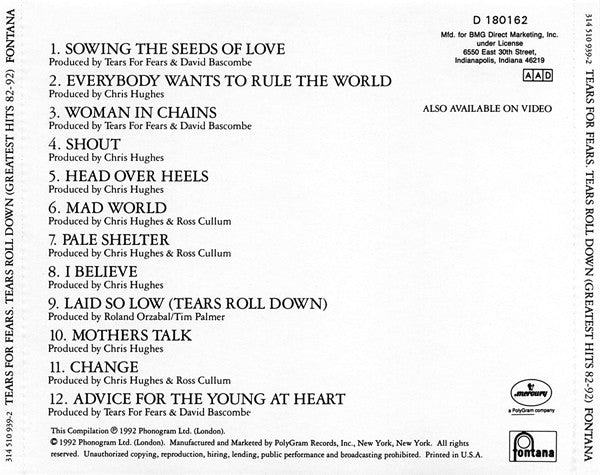 Tears For Fears - Tears Roll Down (Greatest Hits 82-92) (CD) | Near Mint (NM) Near Mint (NM)-