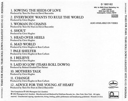 Tears For Fears - Tears Roll Down (Greatest Hits 82-92) (CD) | Near Mint (NM) Near Mint (NM)-