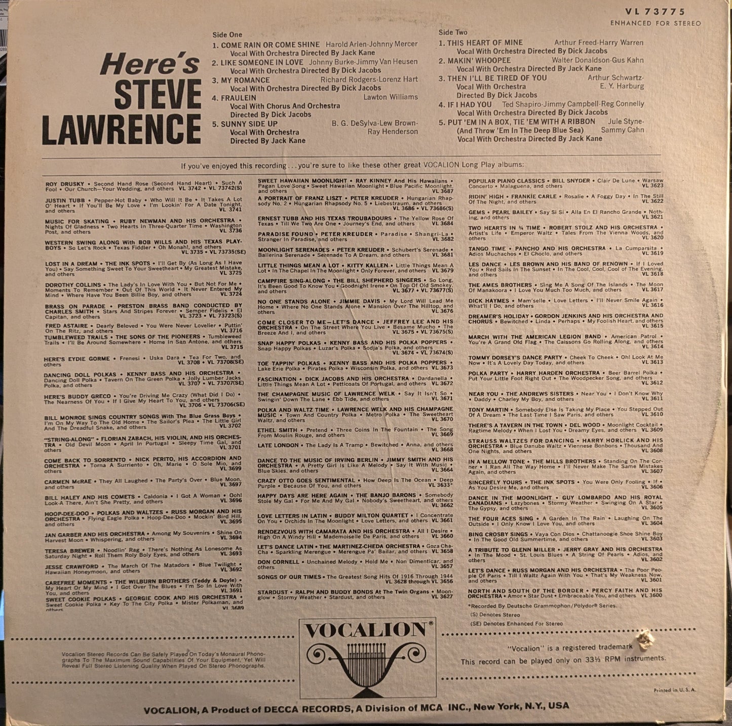 Steve Lawrence (2) - Here's Steve Lawrence | Excellent (EX) Excellent (EX)--
