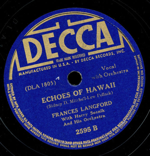 Frances Langford - The Man With The Mandolin / Echoes Of Hawaii (78RPM 10" RECORD) | Near Mint (NM) Very Good Plus (VG+)--