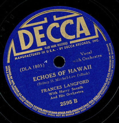 Frances Langford - The Man With The Mandolin / Echoes Of Hawaii (78RPM 10" RECORD) | Near Mint (NM) Very Good Plus (VG+)--