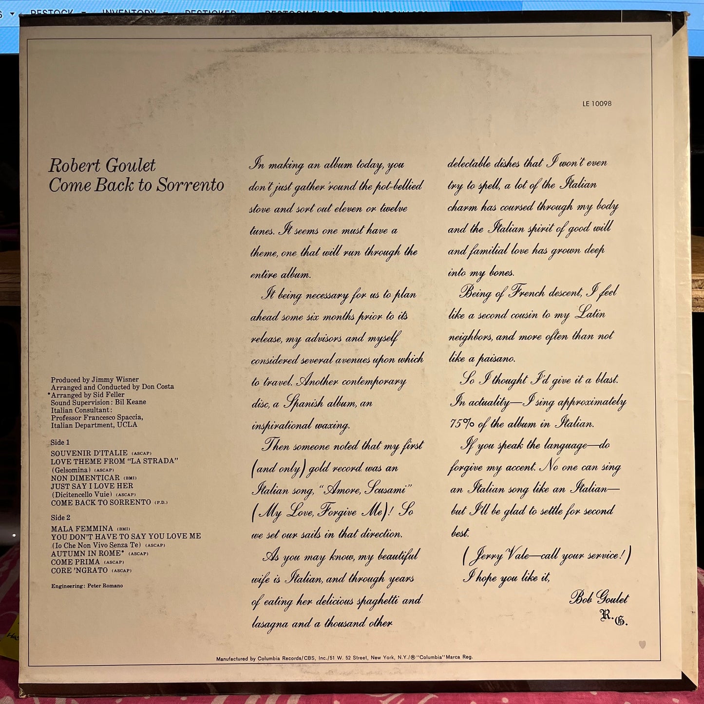 Robert Goulet - Come Back To Sorrento | Near Mint (NM) Near Mint (NM)--