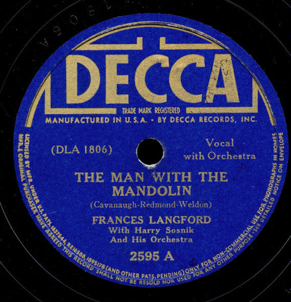 Frances Langford - The Man With The Mandolin / Echoes Of Hawaii (78RPM 10" RECORD) | Near Mint (NM) Very Good Plus (VG+)--