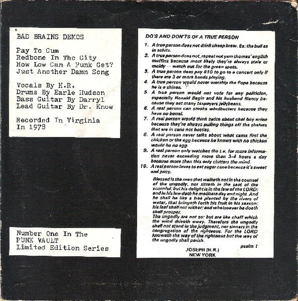 Bad Brains - Cum To Play (7" VINYL) | Near Mint (NM) Near Mint (NM)--