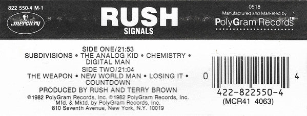 Rush - Signals (CASSETTE) | Excellent (EX) Excellent (EX)--