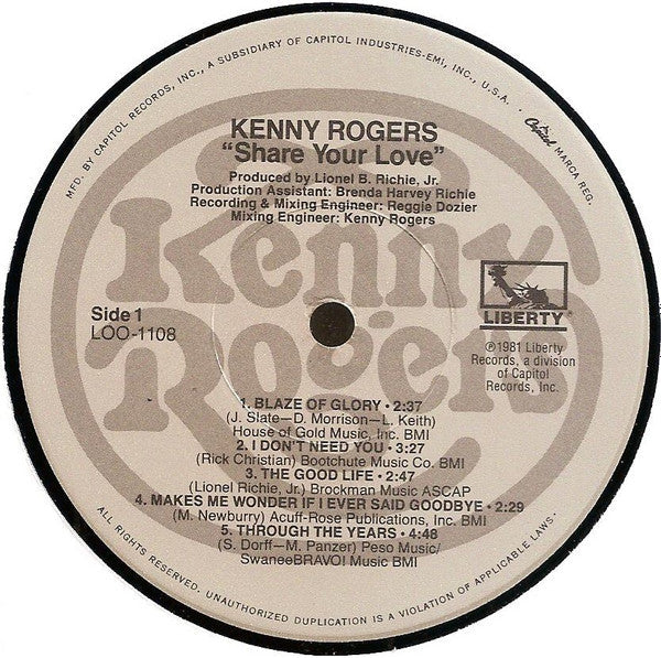 Kenny Rogers - Share Your Love (VINYL) | Near Mint- (NM-) Near Mint (NM)-