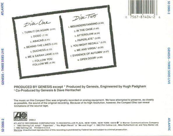 Genesis - Three Sides Live (2xCD) | Near Mint- (NM-) Near Mint- (NM-)-