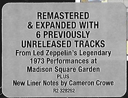 Led Zeppelin - The Soundtrack From The Film "The Song Remains The Same" (2xCD Swan Song ‎– R2 328252) | USED Near Mint (NM or M-) Excellent (EX)-