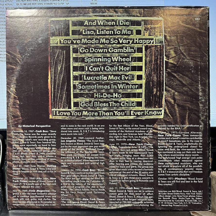 Blood, Sweat & Tears Greatest Hits (VINYL) | Near Mint (NM) Excellent (EX)--