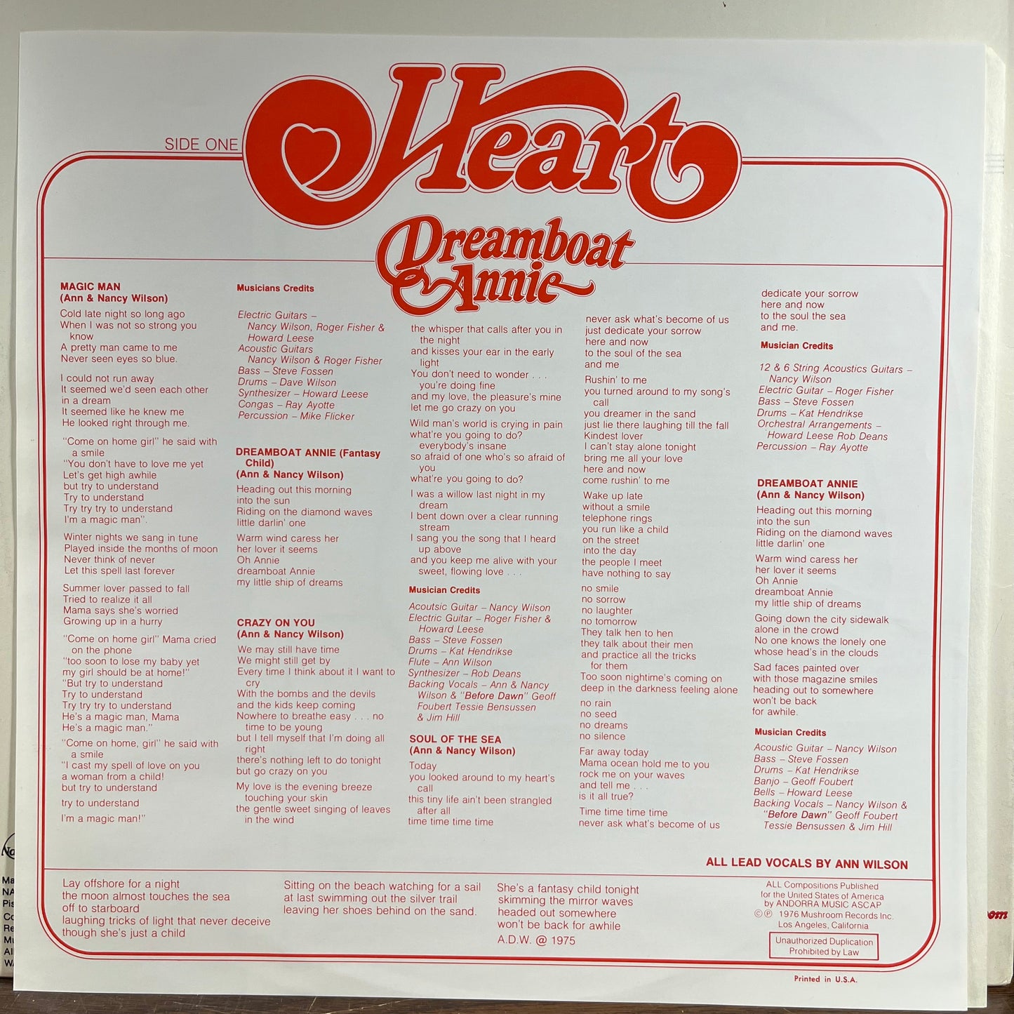 Heart - Dreamboat Annie (VINYL) | Near Mint (NM) Excellent+ (EX+)-