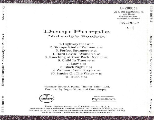 Deep Purple - Nobody's Perfect (CD) | Near Mint (NM) Near Mint (NM)-