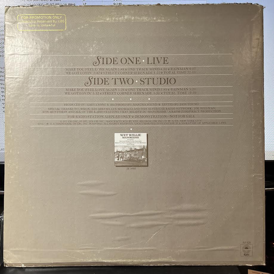 Wet Willie - Manorisms Live (VINYL) | Near Mint (NM) Very Good Plus (VG+)-