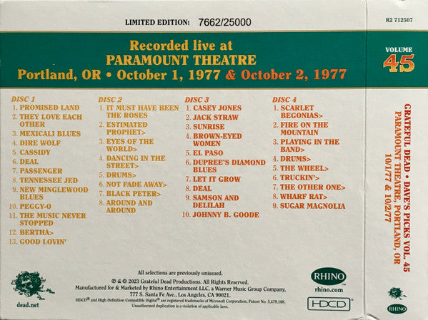 Dave's Picks, Volume 45 (4xCD)(Paramount Theatre, Portland, OR • 10/1-2/77) | Mint (M) Near Mint (NM)-