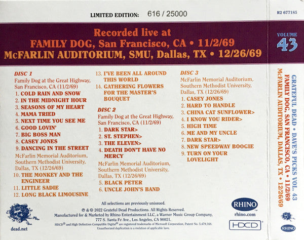 Dave's Picks, Volume 43 (3xCD)(San Francisco, 11/2/69 • Dallas, 12/26/69) | Mint (M) Near Mint (NM)-