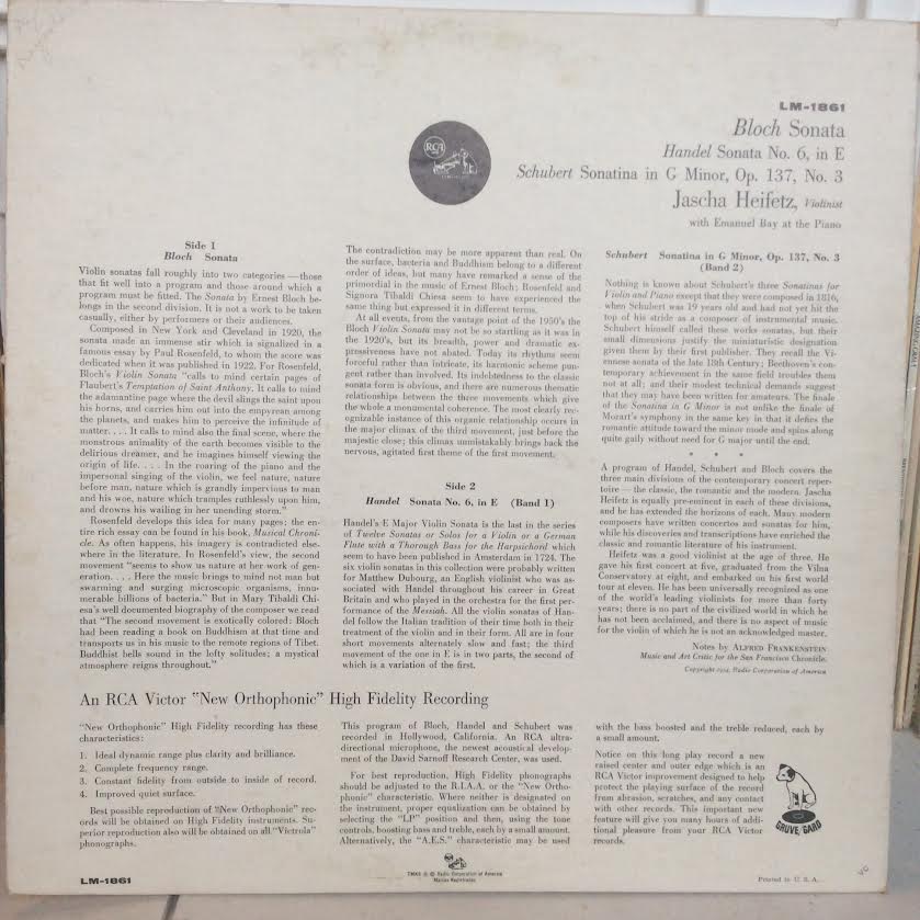 Ernest Bloch / Georg Friedrich Händel / Franz Schu - Sonata / Sonata In E Major / Sonatina In G Minor (VINYL) | Excellent+ (EX+)-