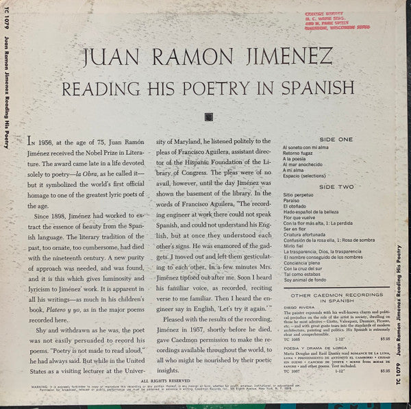 Juan Ramón Jiménez - Reading His Poetry In Spanish | Excellent (EX) Near Mint (NM)--