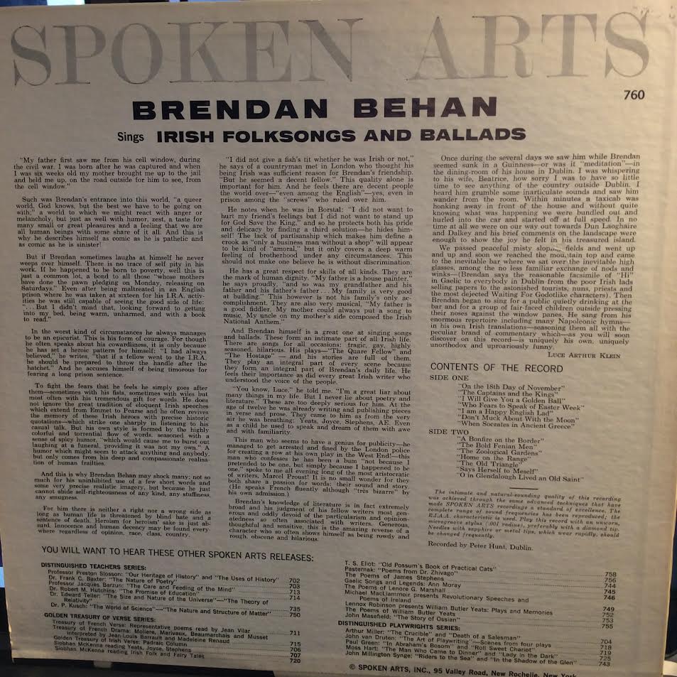 Brendan Behan - Irish Folksongs And Ballads (VINYL) | Near Mint- (NM-) Near Mint (NM)--