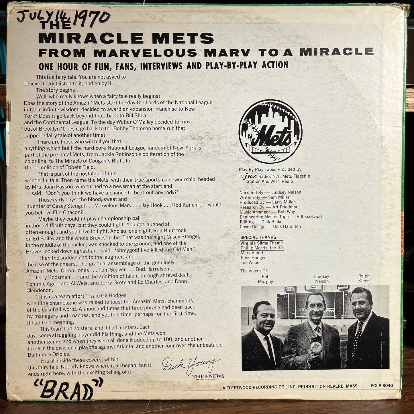 The New York Mets - The Miracle Mets - From Marvelous Marv To A Miracle In Play-By-Play Action (VINYL) | Near Mint- (NM-) Excellent (EX)--