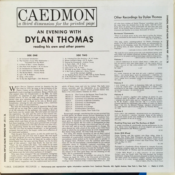 Dylan Thomas - An Evening With Dylan Thomas Reading His Own And Other Poems | Near Mint (NM) Excellent (EX)-