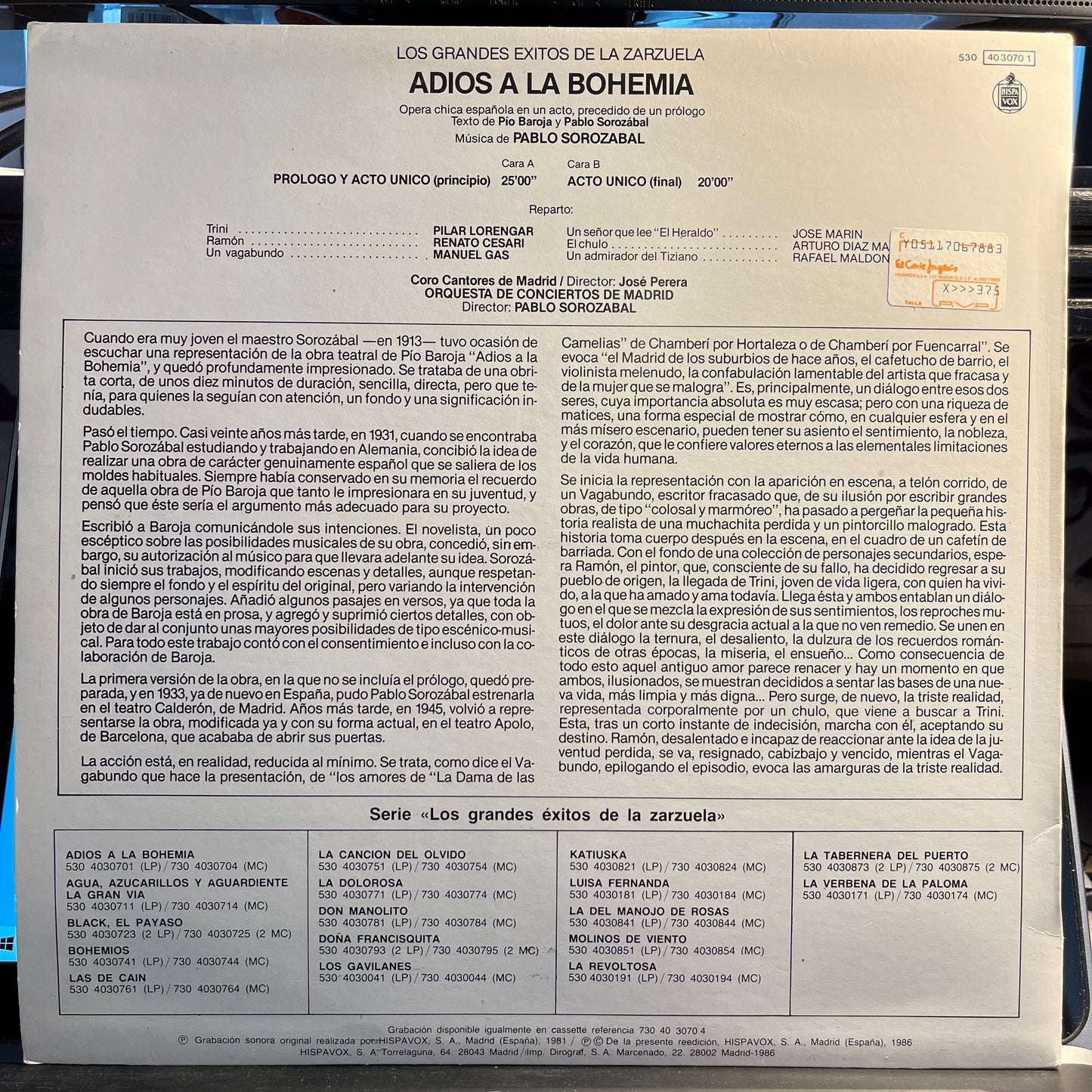 Pablo Sorozabal - Adios A La Bohemia | Excellent (EX) Near Mint (NM)--